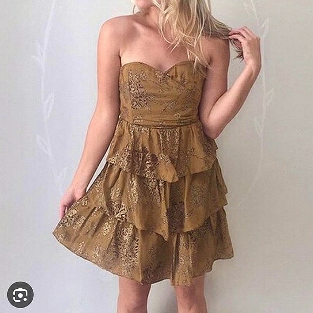 Anthropologie Moulinette Soeurs Mini Silk Bronze Tiered Strapless Sweetheart 10